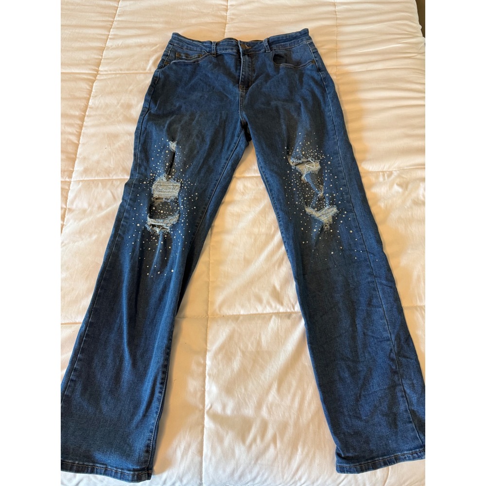 Bebe Womens Distressed Rhinestone Embellished Straight Leg Jeans Blue Size 14/32